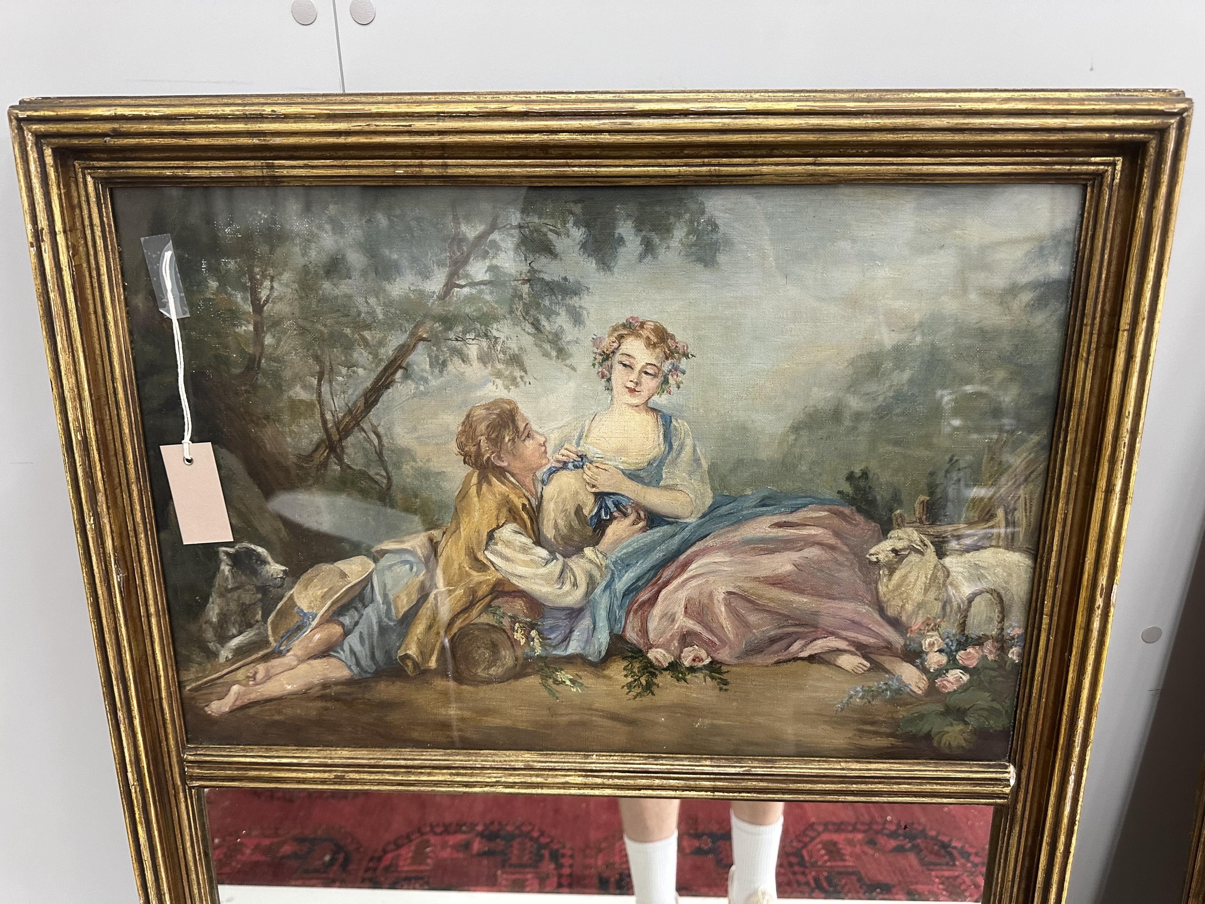 A pair of rectangular giltwood and composition trumeau wall mirrors, painted with figures and sheep in rural landscapes, width 69cm, height 130cm. Condition - fair